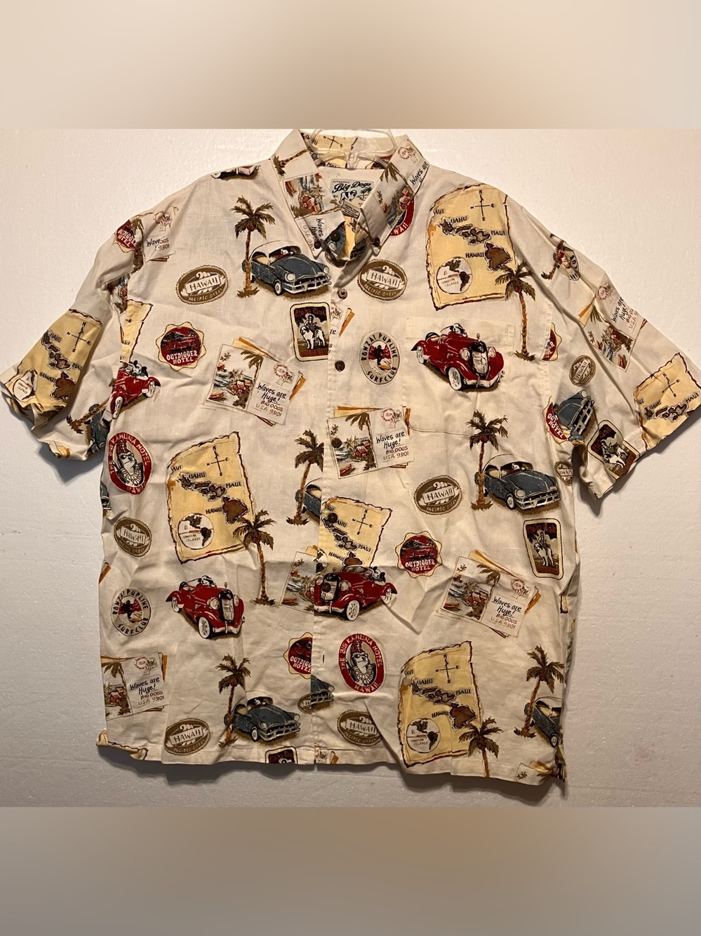 Big Dogs XL Linen Cream Short-Sleeve Button-Down with Retro Car & Palm Print